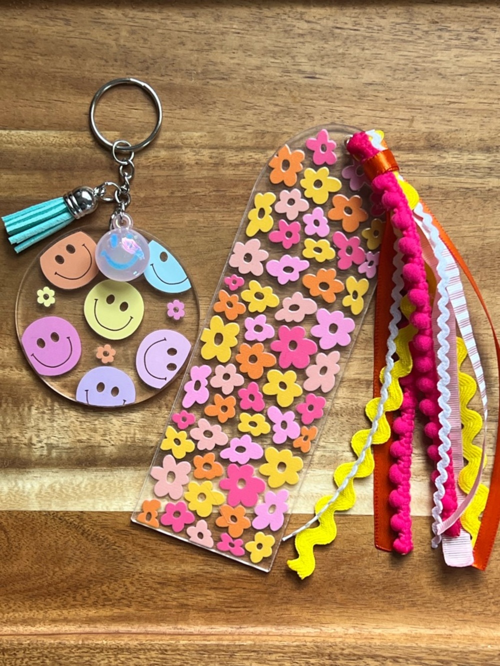 Handmade Key Chain and Bookmark Smiley Face & Floral Set